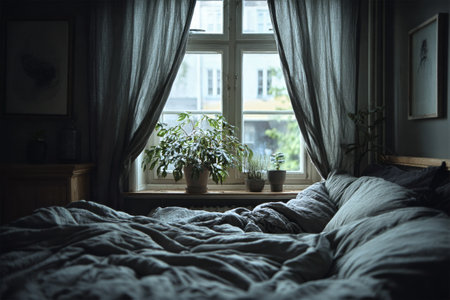 A peaceful bedroom features a large bed covered in soft blue lines. Nearby, green plants thrive by the window, offering a glimpse of a city skyline on a cloudy morning..の素材