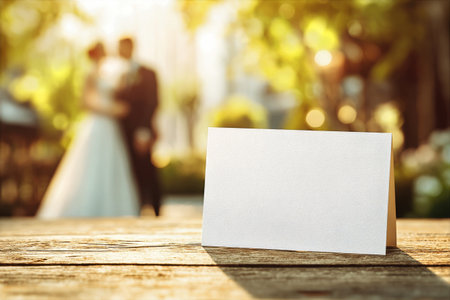A blank wedding invitation card rests on a wooden table. In the background, a couple in formal attire appears softly blurred, enjoying a romantic moment outdoors during sunset.の素材