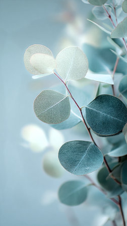 Soft blue eucalyptus leaves create a calming atmosphere. The intricate veins of the leaves are highlighted, bringing a sense of tranquility to the scene..の素材