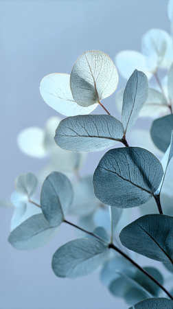 Soft blue eucalyptus leaves create a calming atmosphere. The intricate veins of the leaves are highlighted, bringing a sense of tranquility to the scene.の素材