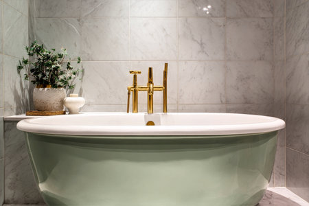 Sophisticated bathroom features a green freestanding bathtub with gold fixtures. Marble walls and a small plant add elegance, creating a tranquil atmosphere for relaxation.の素材