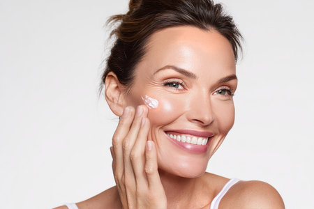 A woman enjoys applying a cream to her face, showing a radiant smile. The bright setting highlights her healthy skin and positive mood.の素材