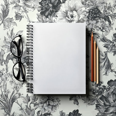 A blank spiral notebook sits next to colored pencils and a pair of glasses on a floral patterned surface, inviting imagination and creativity. Perfect for drawing or writing.の素材