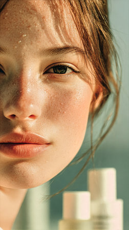 A woman with radiant skin poses close to white skincare bottles in soft natural light. Water droplets glisten on her face, emphasizing her freshness and natural beauty..の素材