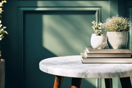 A serene indoor scene features a marble table adorned with stacked books and small potted plants, creating a calming atmosphere in soft daylight..の素材
