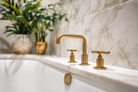 A stylish bathroom features a sleek gold faucet set against a marble wall. Lush green plants add a touch of nature, creating a serene environment for relaxation and self-care.の素材