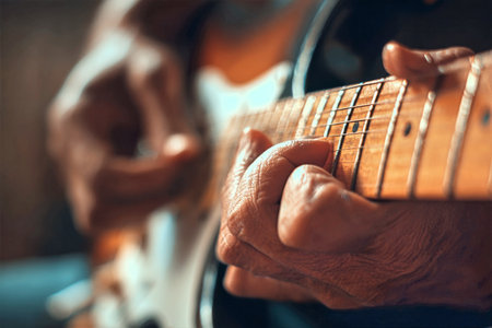 A musician plays an electric guitar with skill and concentration. The warm atmosphere showcases hands expertly fretting notes, creating beautiful music in a comfortable space.の素材