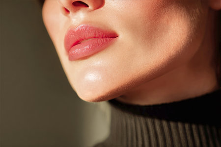 Soft lighting highlights the contours of a womans face, focusing on her perfectly shaped lips and glowing skin, showingcasing beauty and elegance during a calm moment.の素材