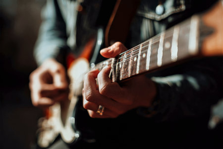 A musician plays an electric guitar with skill and concentration. The warm atmosphere showcases hands expertly fretting notes, creating beautiful music in a comfortable space..の素材