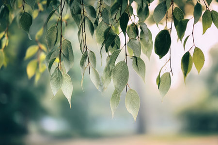 Vibrant green leaves dangle from a tree branch, creating a serene scene in a peaceful park. The soft sunlight filters through the leafy canopy, enhancing the atmosphere..の素材