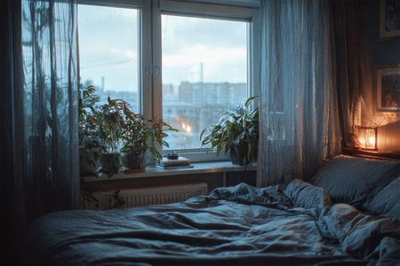 A peaceful bedroom features a large bed covered in soft blue lines. Nearby, green plants thrive by the window, offering a glimpse of a city skyline on a cloudy morning.の素材
