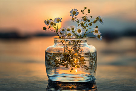 A glass vase filled with daisies rests on the surface of calm water during sunset. The gentle light creates a serene atmosphere, highlighting the beauty of the flowers..の素材