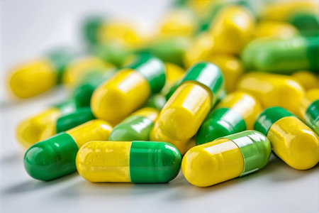 Brightly colored capsules are scattered on a clean surface. The vivid yellow and green capsules create an eye-catching display, highlighting the different shades of the medicine..の素材