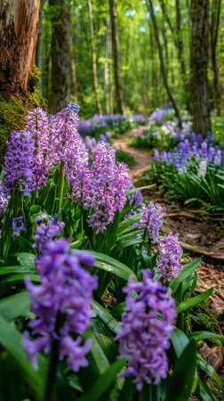 Vibrant purple and blue hyacinth flowers line a serene forest path, surrounded by trees and soft sunlight, creating a peaceful atmosphere in early spring..の素材