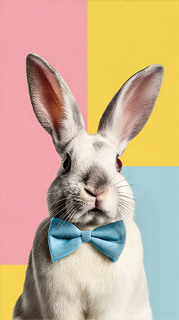 A gray rabbit wears a light blue bow tie while standing against a bright pink and yellow backdrop. Its expression is calm and playful, perfect for a cheerful setting..の素材