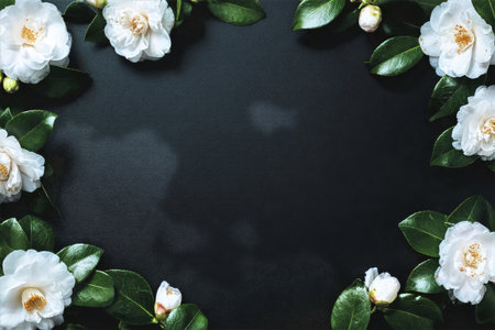 White flowers and green leaves create a stylish border on a dark surface, offering a serene and elegant touch perfect for decorative purposes or artistic displays..の素材