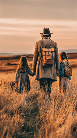 Two children hold hands with an adult as they walk through a grassy field. The sun sets in the background, creating a warm, golden glow and a peaceful atmosphere.の素材