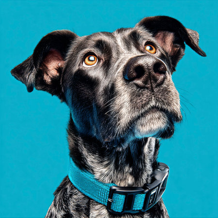 A black and gray dog gazes upward with bright, attentive eyes. The pet wears a blue collar and sits in front of a vivid blue backdrop, creating a striking visual effect.の素材