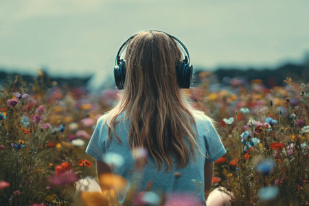 A person sits quietly in a colorful field filled with wildflowers, wearing headphones and enjoying music. The scene captures a peaceful and serene moment in nature.の素材