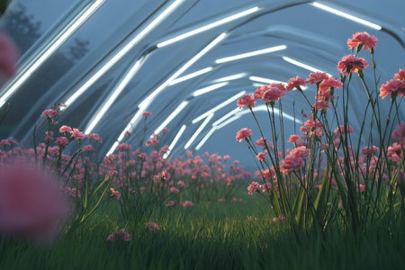 Colorful flowers grow in a contemporary greenhouse illuminated by bright lights. The scene captures nature and technology mingling beautifully during evening hours.の素材