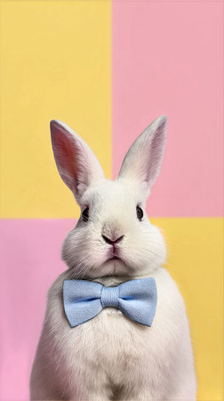 A playful rabbit with a gray and white coat poses elegantly while wearing a blue bow tie. The vibrant pink and yellow background adds a cheerful touch to the scene..の素材