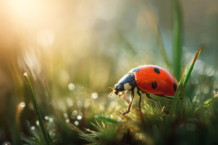 A ladybug crawls through fresh green grass adorned with dew drops under warm spring sunlight, showing its vibrant red body and black spots in a natural setting.の素材