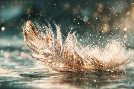 A delicate feather drifts gently on the waters surface. Sparkling droplets catch the light, creating a serene atmosphere in a peaceful natural setting at dawn.の素材