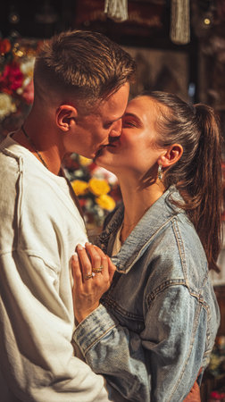 A young couple embraces and kisses at sunset, surrounded by friends and decorative flowers. The warm light highlights their joyful expressions and engagement ring..の素材
