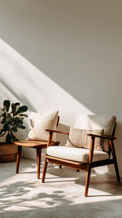 Bright sunlight streams through a window onto a pair of comfortable chairs and a small table, creating a welcoming atmosphere in a stylish room with a green plant.の素材