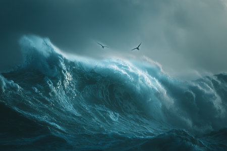Powerful waves crash against each other under dramatic, dark clouds at twilight. Seagulls soar through the air, showcasing natures raw energy and beauty..の素材