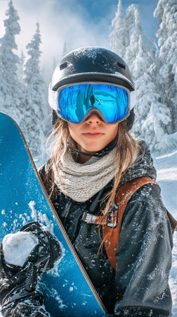 A young snowboarder stands at the mountain slopes, wearing a helmet and goggles, ready for an exciting day of snowboarding. The trees are covered in fresh snow.の素材