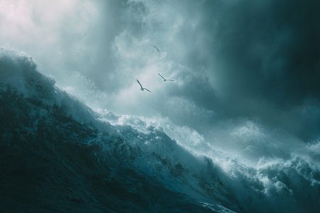 Powerful waves crash against each other under dramatic, dark clouds at twilight. Seagulls soar through the air, showcasing natures raw energy and beauty.の素材
