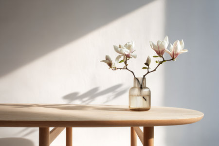 Magnolia flowers arranged in a simple vase sit atop a wooden stool. Soft sunlight shines through, creating delicate shadows against a light wall, adding beauty to the scene..の素材