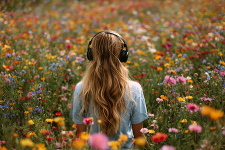 A person sits quietly in a colorful field filled with wildflowers, wearing headphones and enjoying music. The scene captures a peaceful and serene moment in nature..の素材
