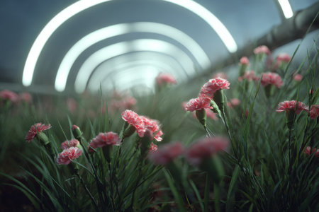 Clusters of pink flowers grow in lush green grass beneath bright circular lights in a greenhouse. The setting creates a stunning contrast, showing the beauty of nature.の素材