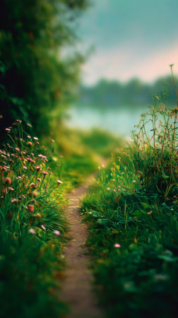 A serene path lined with vibrant grass and blooming flowers leads towards a calm body of water, reflecting soft morning light in a peaceful outdoor setting.の素材