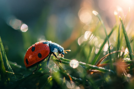 A tiny ladybug rests on a green blade of grass adorned with dewdrops. The warm morning light creates a magical bokeh effect in the background.の素材