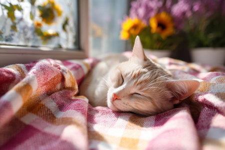 A light-colored cat is dozing off on a soft blanket, basking in sunlight. Vibrant flowers are visible outside the window, adding a cheerful touch to the scene.の素材