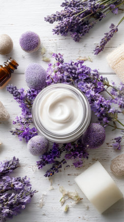 A jar of lavender cream is placed at the center. Surrounding it are dried lavender flowers, round purple bath bombs, and a few natural stones, creating a calming atmosphere.の素材