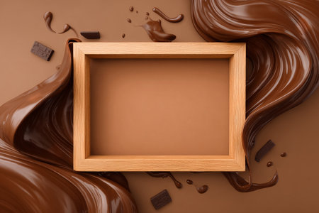 A splash of rich chocolate flows around a wooden frame, creating an artistic display. This scene highlights the smooth texture and vibrant color of the chocolate in a studio environment..の素材