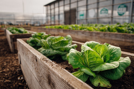 Rows of vibrant green lettuce thrive in wooden raised garden beds at a community farm. This urban farming scene showcases sustainable gardening practices in a city setting..の素材