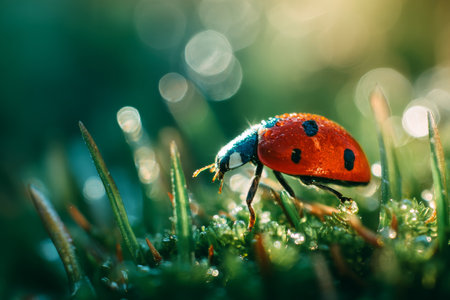 A ladybug crawls through fresh green grass adorned with dew drops under warm spring sunlight, showing its vibrant red body and black spots in a natural setting..の素材