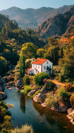 A quaint house sits beside a clear river, surrounded by lush trees and rocky mountains, illuminated by warm light from a setting sun. The scene is peaceful and serene.の素材