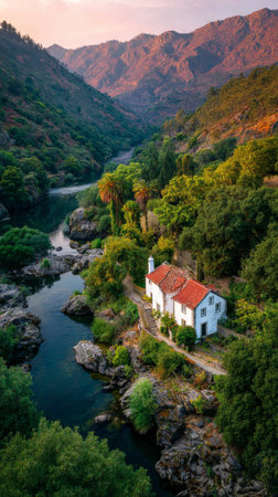 A quaint house sits beside a clear river, surrounded by lush trees and rocky mountains, illuminated by warm light from a setting sun. The scene is peaceful and serene..の素材