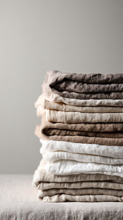 Soft linens in neutral shades are stacked carefully on a light surface, creating a calming and organized display in a serene environment.の素材