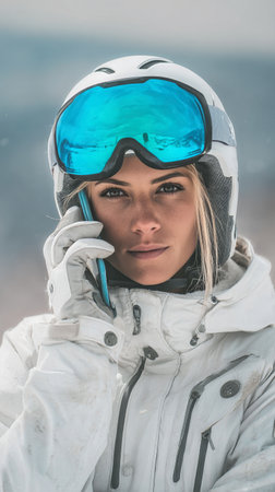 A winter sports lover in a white ski outfit stands against a snowy mountain backdrop, talking on her phone with blue goggles on. The scene captures the excitement of skiing.の素材