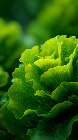 Lush green lettuce leaves thrive in a garden, soaking up the natural sunlight. The vibrant colors highlight the healthy, fresh growth of the plants in the warm weather..の素材