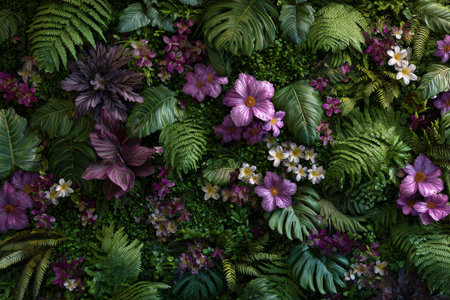 A dense arrangement of purple flowers and green ferns creates a stunning visual in a garden. The soft light brings out the rich colors of the plants, showing natures beauty..の素材