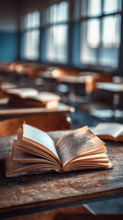 An open, worn book rests on a wooden desk in a bright, empty classroom. Sunlight streams through large windows, casting warm light over the room filled with wooden chairs.の素材