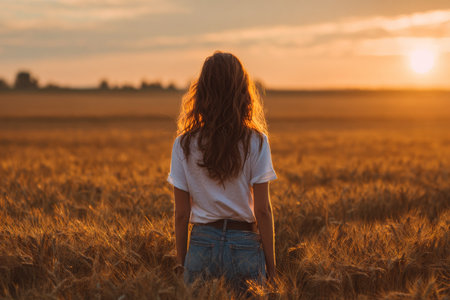 A woman stands in a wheat field, watching the sunset. The golden light casts a warm glow, creating a peaceful atmosphere in the countryside..の素材